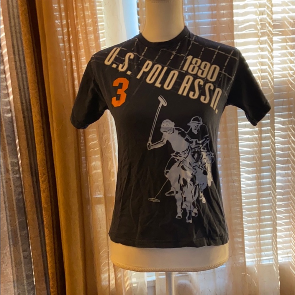 πUS POLO ASSN Blue T-shirt w/white orange print - Picture 1 of 6
